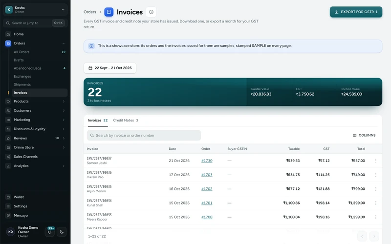 GST invoices in the admin, one for every order