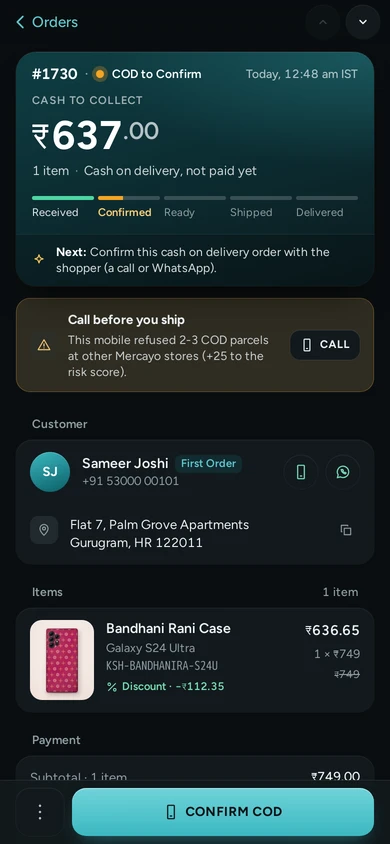 An order on the admin app, in the dark look