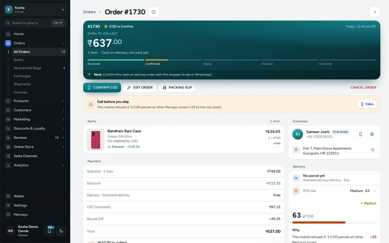 One order in the admin: items, payment, delivery and its history