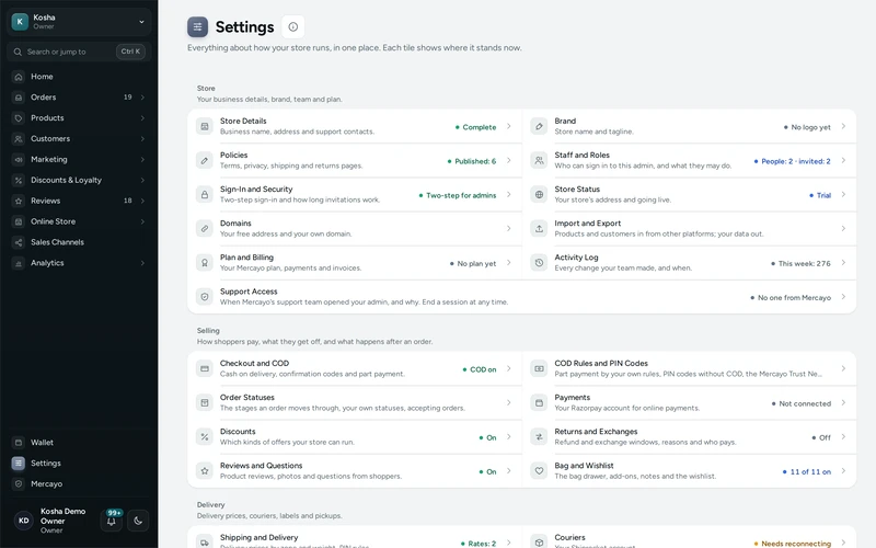 The store's settings