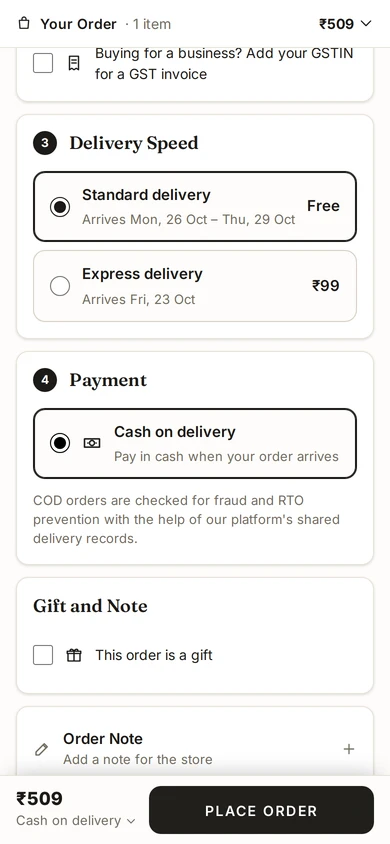 Kosha's checkout: cash on delivery, with the notice that COD orders are checked across Mercayo stores