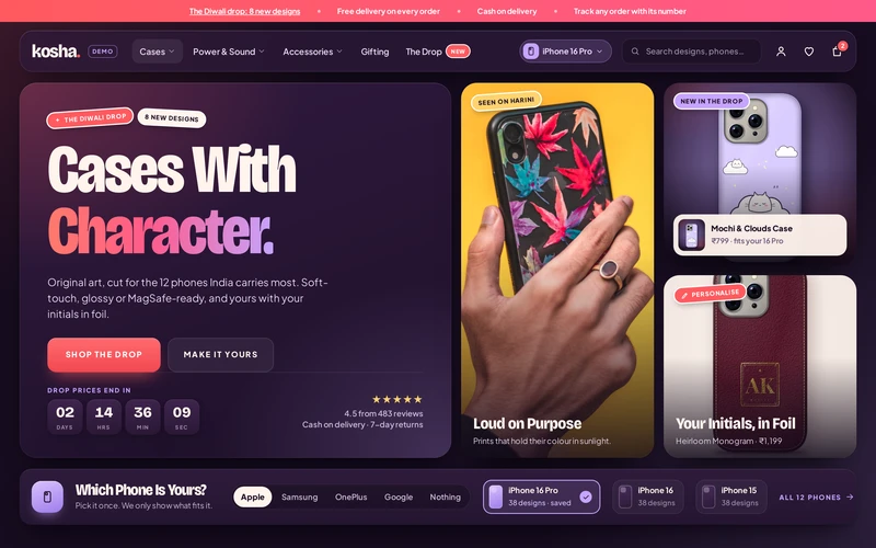 Kosha's home page on a computer: the drop, product tiles and the phone picker