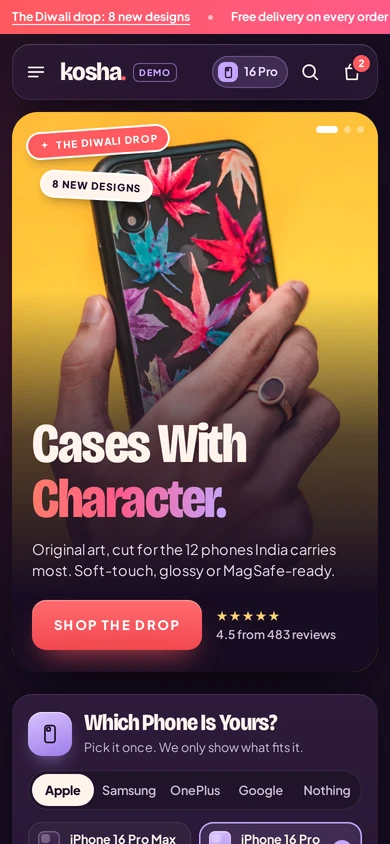 Kosha's home page on a phone: a hero for the Diwali drop and a phone picker