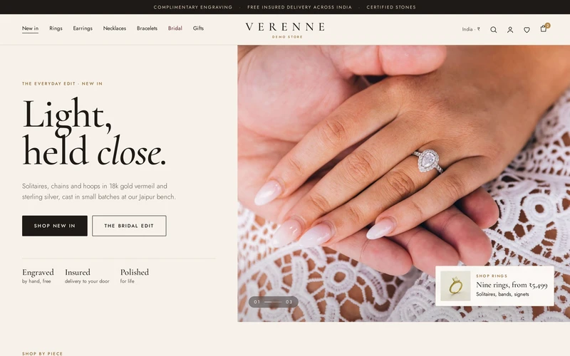 Verenne's home page on a computer: an editorial hero and pieces by type