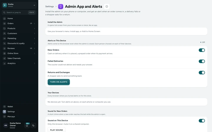 Settings → Admin App and Alerts in the admin, on Kosha, a demo store on Mercayo.