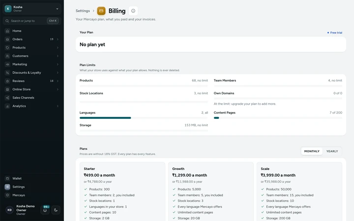 Settings → Billing on Kosha, a demo store on Mercayo.