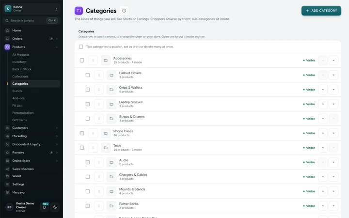 The category tree under Products → Categories, on Kosha, a demo store on Mercayo.