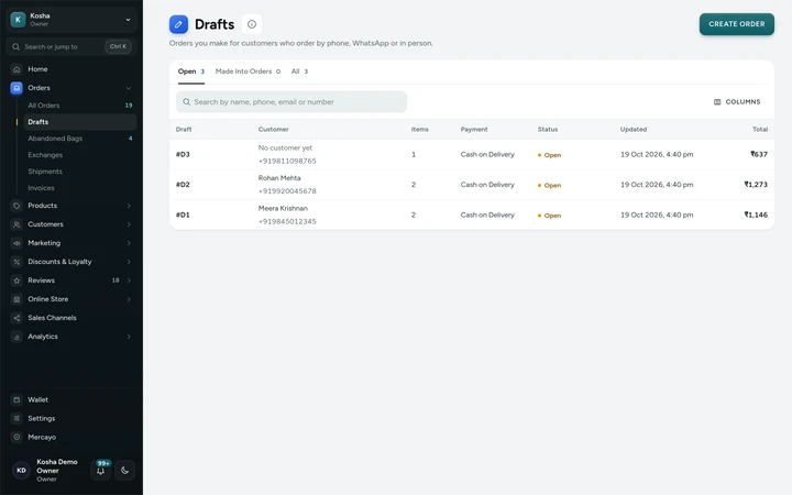 Orders → Drafts in the admin, on Kosha, a demo store on Mercayo (sample drafts).