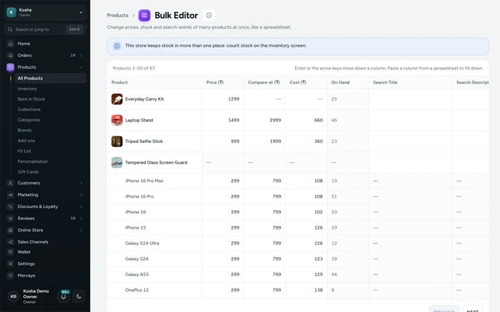 The Bulk Editor for products and their variants, on Kosha, a demo store on Mercayo.