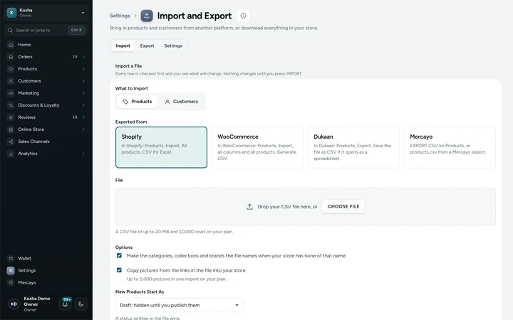 Settings → Import and Export, on Kosha, a demo store on Mercayo.