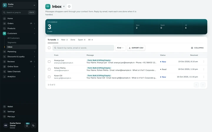 The Inbox in the admin, under Customers, on Kosha, a demo store on Mercayo.