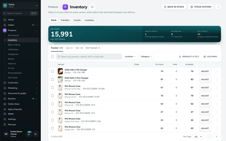 The Inventory screen, on Kosha, a demo store on Mercayo.