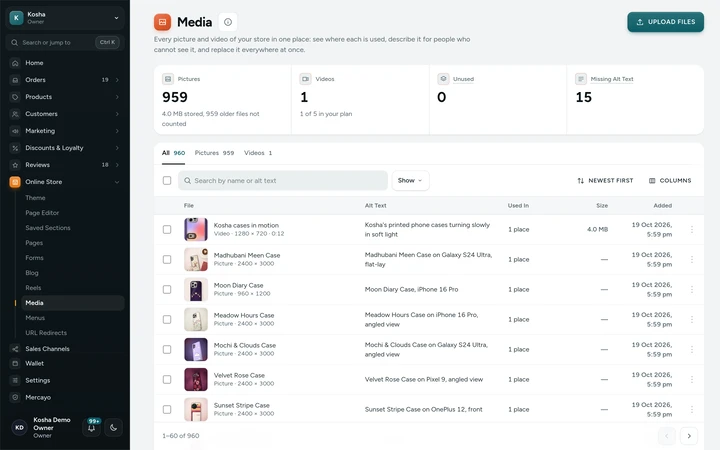 Online Store → Media in the admin, on Kosha, a demo store on Mercayo.