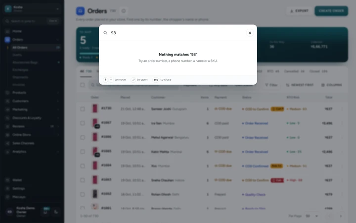 The command palette searching from anywhere in the admin, on Kosha, a demo store on Mercayo.