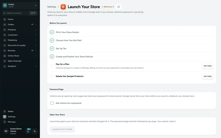 The setup guide on the admin's Home, on Kosha, a demo store on Mercayo.
