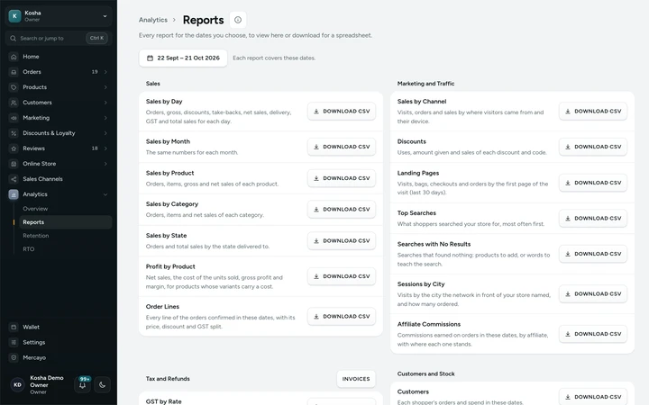 The reports library, grouped by Sales, Marketing and Traffic, Tax and Refunds, Customers and Stock, on Kosha, a demo store on Mercayo.