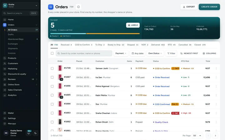 The Orders list with its money summary and status tabs, on Kosha, a demo store on Mercayo.