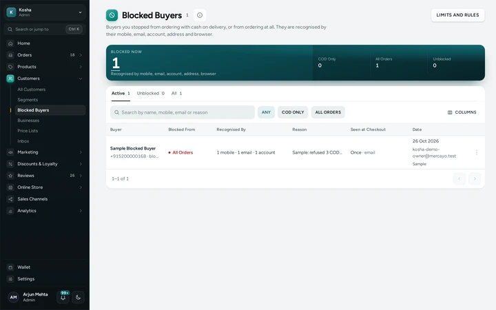 Customers → Blocked Buyers with a sample blocked buyer, on Kosha, a demo store on Mercayo.