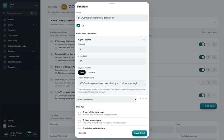 A rule with the condition Buyer's orders, 3 COD orders in 60 days, in the rule editor, on Kosha, a demo store on Mercayo.
