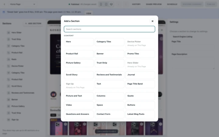 Add a Section, the sections a home page can hold, on Kosha, a demo store on Mercayo.