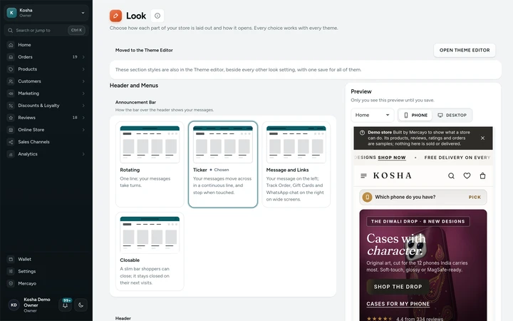 The Look screen with its live preview of unsaved choices, on Kosha, a demo store on Mercayo.