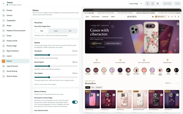 Motion in the Theme editor: how much pages move and where, on Kosha, a demo store on Mercayo.