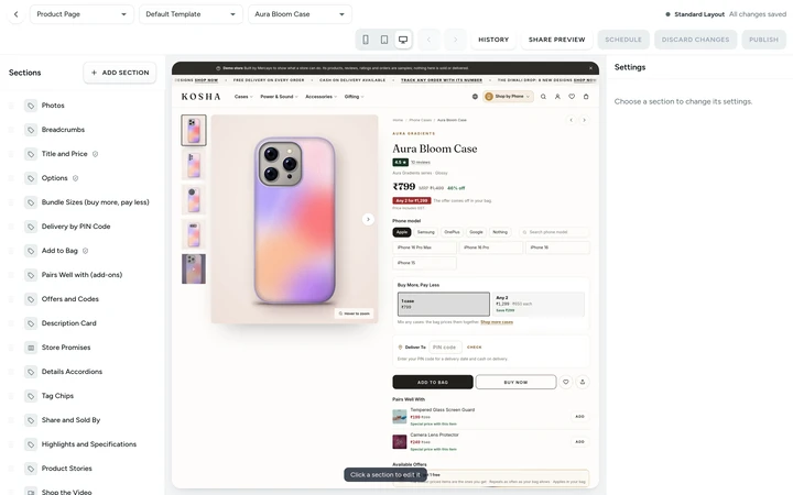 The product page in the Editor, with the template picker beside the page picker, on Kosha, a demo store on Mercayo.