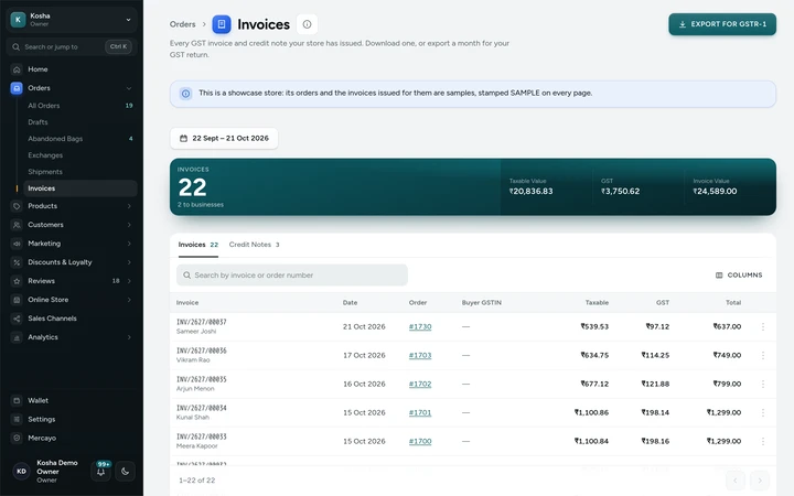 Orders → Invoices with its totals and documents, on Kosha, a demo store on Mercayo.
