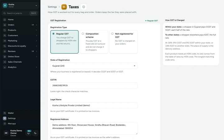 Settings → Taxes, on Kosha, a demo store on Mercayo.