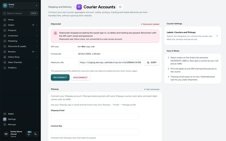 Settings → Couriers, on Kosha, a demo store on Mercayo.