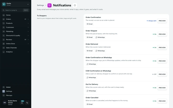 Settings → Notifications, on Kosha, a demo store on Mercayo.