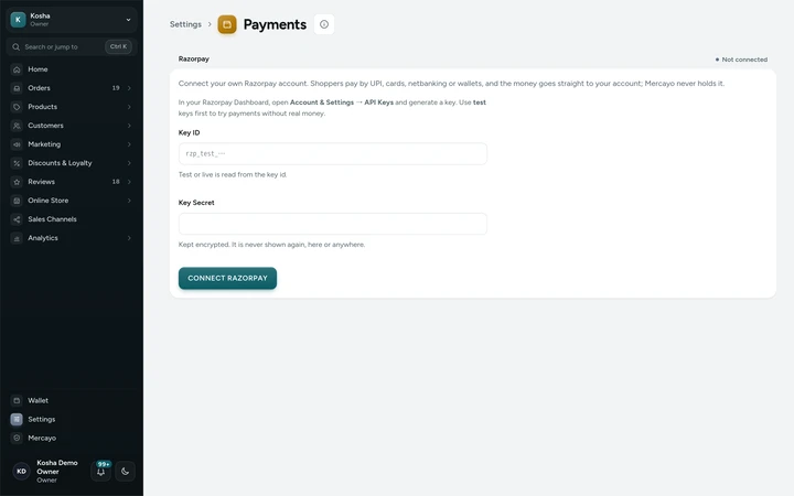 Settings → Payments, on Kosha, a demo store on Mercayo.