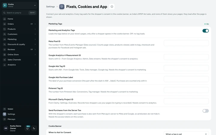 Settings → Pixels, Cookies and App, on Kosha, a demo store on Mercayo.