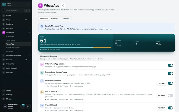 The WhatsApp screen in the admin, on Kosha, a demo store on Mercayo.