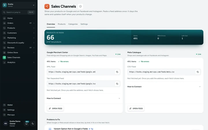 Online Store → Sales Channels, on Kosha, a demo store on Mercayo.