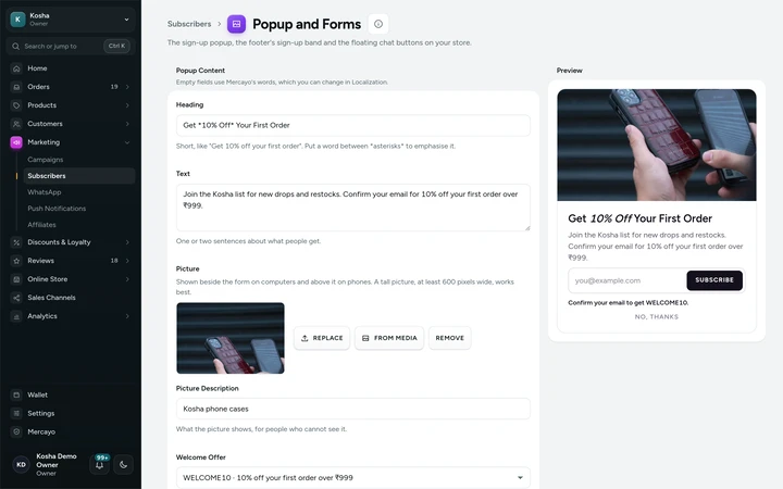 Popup and Forms in the admin, on Kosha, a demo store on Mercayo.