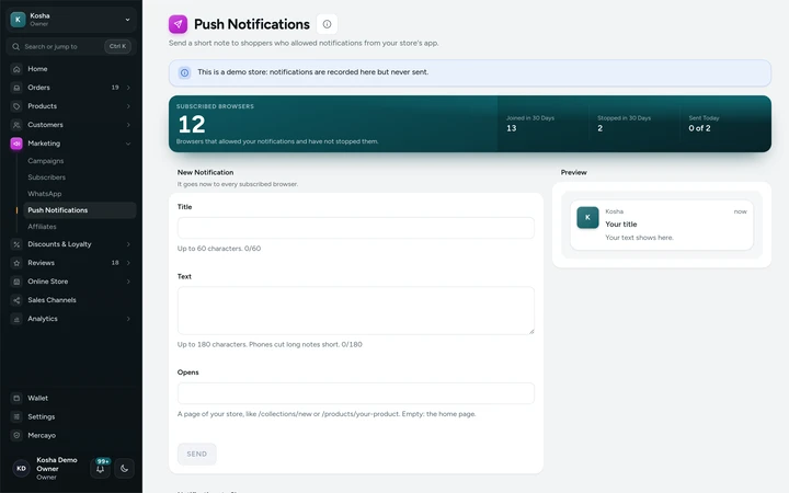 Marketing → Push Notifications in the admin, on Kosha, a demo store on Mercayo (sample browsers and notifications).
