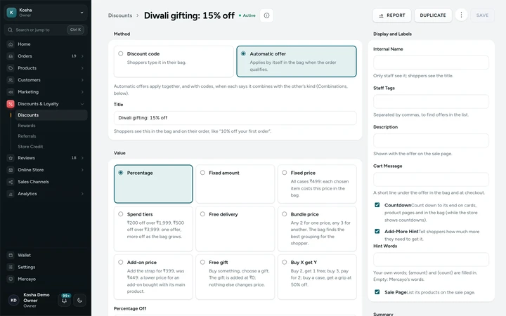 An automatic offer in the discount editor, Diwali gifting: 15% off, on Kosha, a demo store on Mercayo.