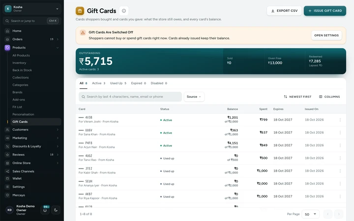 The Gift Cards screen with its totals and sample cards, on Kosha, a demo store on Mercayo.