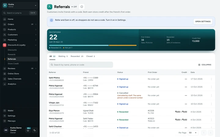 The Referrals screen with its totals, leaderboard and invitations, on Kosha, a demo store on Mercayo.