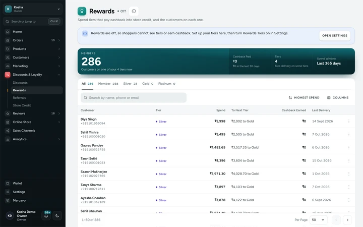 The Rewards screen with members, how customers earn and the tiers, on Kosha, a demo store on Mercayo.