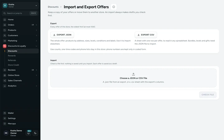 Import and Export Offers, on Kosha, a demo store on Mercayo.