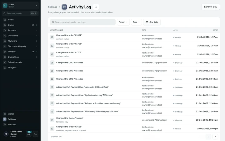 Settings → Activity Log, on Kosha, a demo store on Mercayo.