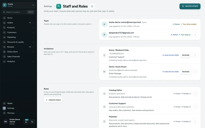 Settings → Staff and Roles, on Kosha, a demo store on Mercayo.