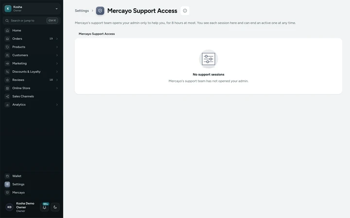 Settings → Support Access, on Kosha, a demo store on Mercayo.