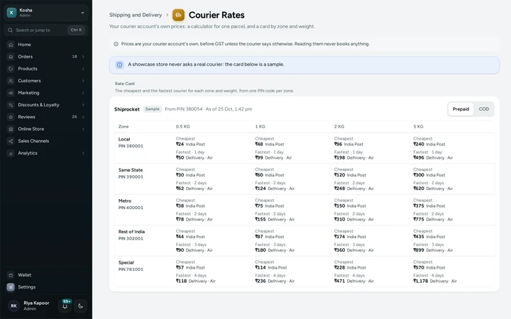 Courier Rates: the rate card by zone and weight, prepaid, on Kosha, a demo store on Mercayo (a sample card: a demo store never asks a real courier).