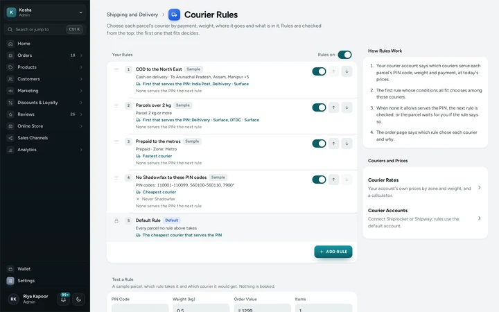 Courier Rules with four sample rules and the default rule, on Kosha, a demo store on Mercayo.