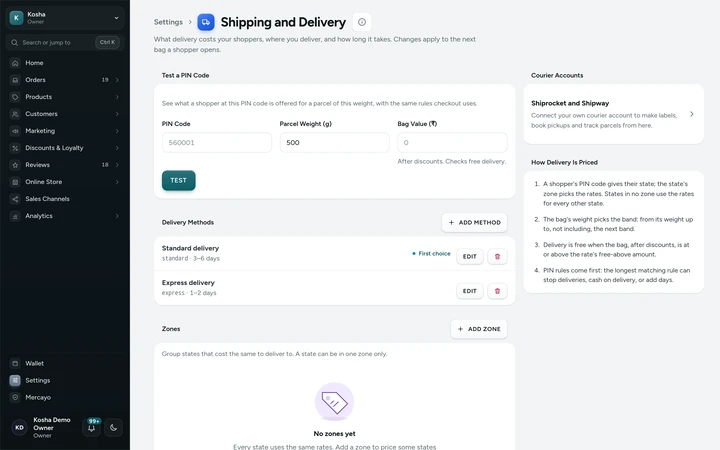 Settings → Shipping and Delivery, on Kosha, a demo store on Mercayo.