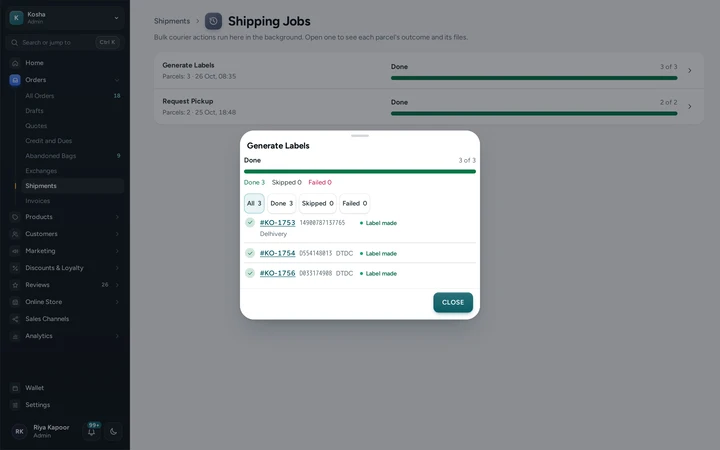 Shipping Jobs with a finished label job open: each order's outcome, on Kosha, a demo store on Mercayo.