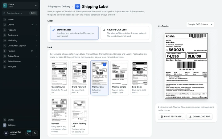 Settings → Shipping and Delivery → Shipping Label, with the looks and the live preview, on Kosha, a demo store on Mercayo.